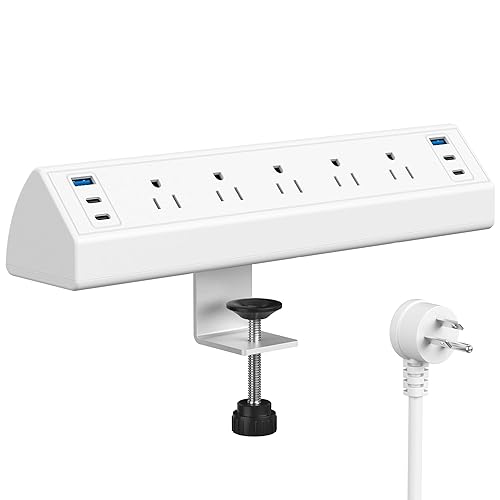 Desk Clamp Power Strip USB C,40W Total Fast Charging Station,4 PD 20W USB C Ports,Nightstand Edge Mount Power Strip with 6 USB Ports 5 AC Outlets Surge Protector,6ft Cord,Fit 1.96" Tabletop Edge - 5 Outlets & 6 USB Ports - White