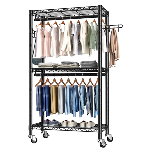 Heavy Duty Clothes Rack Rolling Garment Rack,3 Tier Adjustable Wire Shelving Clothing Racks for Hanging Clothes with Double Rods&Side Hooks,Freestanding Wardrobe Storage Rack Metal Portable Closet