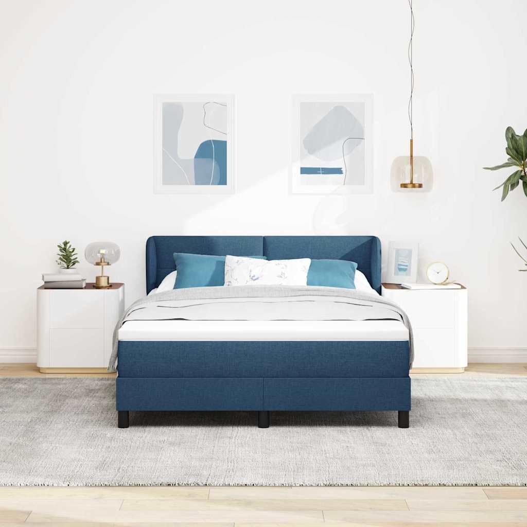 Cama con somier azul, 140 x 190 cm, con colchón y cabecero ajustable, núcleo de muelles ensacados, superficie de descanso de resistencia media, madera y madera de pino, patas negras, diseño