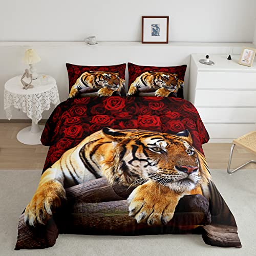 Red Rose Tiger Bedding Set,Cat Tiger Print Comforter Set,Romantic Flowers Down Comforter,Safari Animal Theme Bedroom Decor For Teens Boys Girls Women,Queen Lightweight Reversible With 2 Pillow Sham #TOP17