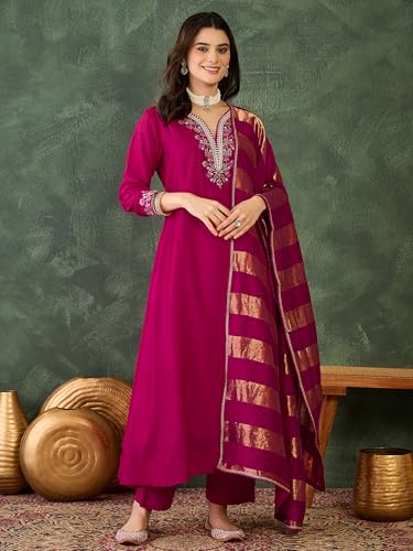 Image of Naixa Women's Vichitra Silk Embroidered Straight Kurta with Pant And Dupatta Sets (NX-823)