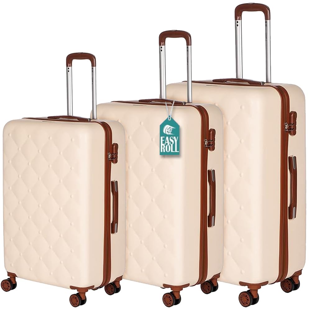 Set 3 Valigie Rigide in ABS, Valigia Rigida con Manico Telescopico e 4 Ruote Easy Roll, Trolley Resistente e Leggero da Viaggio, Bagaglio a Mano con Serratura Codice (Beige e Marrone)