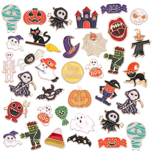 Image of SANNIX 60Pcs Halloween Pins, Halloween Enamel Lapel Pins Assorted Pumpkin Ghost Bat Spider Skeleton Brooch Pins for Clothes Bags Hats Accessories, 30 Styles