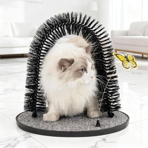Pet Prime 2-in-1 Cat Arch Self Groomer for Indoor Cats Back Scratcher Grooming Massage Brush with Sturdy Cat Scratching Pad Durable Brusher Butterfly Toy