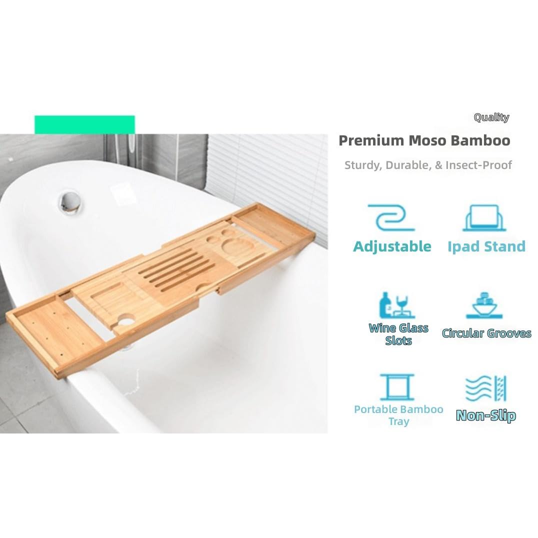 Vassoio da bagno espandibile in bambù antiscivolo, con supporto per bicchieri di vino e tablet, perfetto per spa relax e cura di sé, regalo per donne