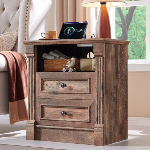 Image of 26 inch Tall Nightstand with Charging Station, Farmhouse 23.6 inch Wide Large End Table w /Roman Column, Wood Rustic Side Table w /Open Shelf, 2 Drawers Dresser for Bedroom, Living Room, Light Brown