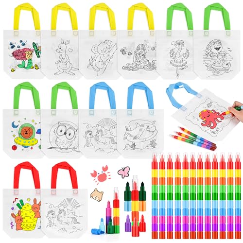 Tigvio Lot de 12 sacs à peindre pour enfants, en tissu non tissé, à peindre, avec 12 x 10 couleurs en 1 crayons de cire empilables, sacs à peindre, sacs à peindre pour anniversaire d'enfant