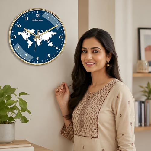 Image of Wall Clock for Living Room Stylish - World Map Design Wall Clock for Office | Silent Non-Ticking | Modern Round Wall Watch for Hall & Bedroom | Premium Decorative Wall Watch