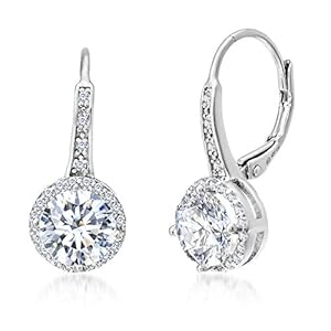 925 Sterling Silver Cubic Zirconia Halo Leverback Dangle Bridal Earrings for Women