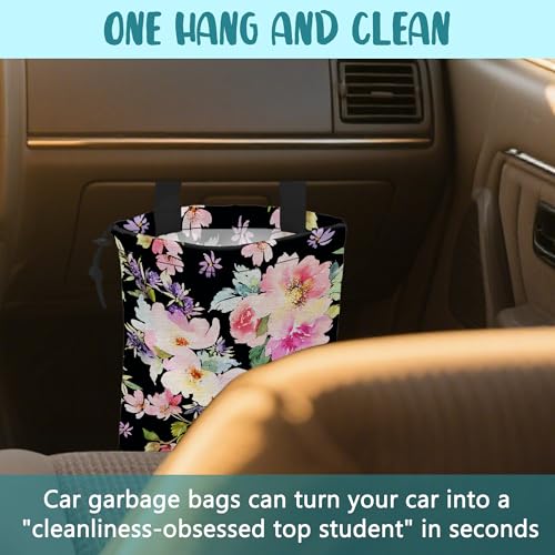 Image of Car Trash Bag Watercolor Pink Flowers Leak-Proof Waterproof Car Garbage Bag with Drawstring Foldable Canvas Trash Bin with Adjustable Buckle for Car Accessories, Travelling, Camping