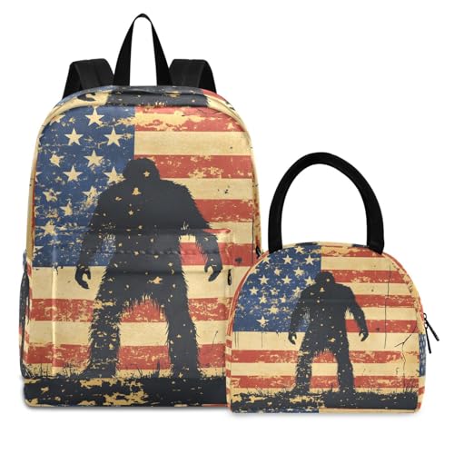 Backpack Lunch Box Set Large Capacity Travel Backpacks and Insulated Lunch Bag for Commute Hiking Picnic Rustic Sasquatch Print