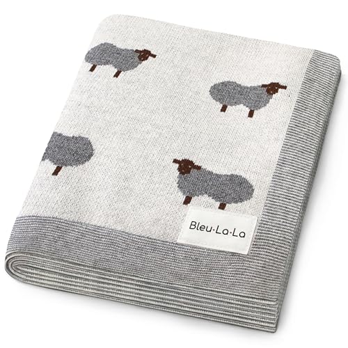 Image of Bleu La La Luxury Cotton Knit Swaddle Baby Blanket - Soft Cozy Lightweight Unisex Receiving Swaddler Stroller Quilt Blanket for Shower Gift Registry for Newborns Infants Toddlers (Sheep - Ivory)