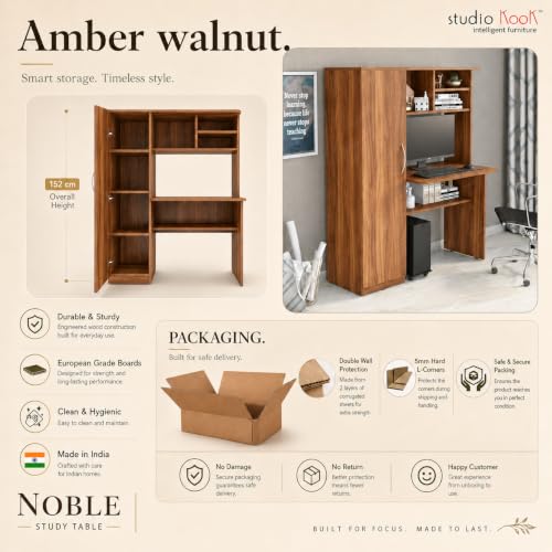 Image of Studio Kook Noble Study and Computer Table with Storage, Amber Walnut | Space-saving engineered wood desk with enclosed cabinet, open shelves and overhead storage. Ideal for study or computer use.