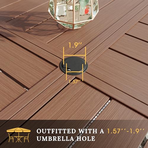 Image of VICLLAX Round Patio Table with Adjustable Umbrella Hole for 6, All Weather Metal Outdoor Dining Table for Lawn Garden, 50 inch Outdoor Coffee Table, Walnut Wood-Like Tabletop