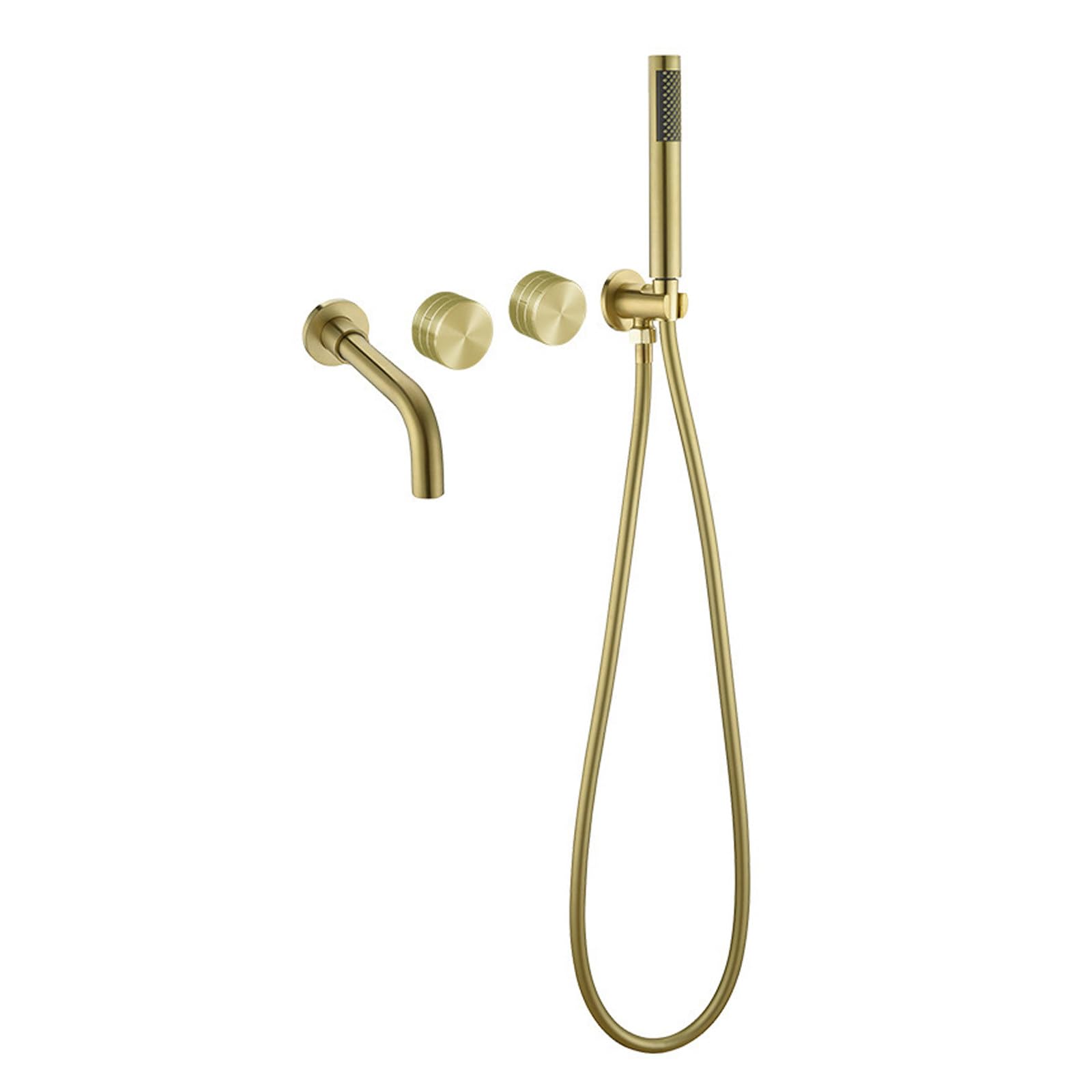 SWENEEN Modern Brass Wall Mounted Bathtub Faucet With Hand Shower And 2 Lever Handles 360° Swivel Tub Spout,Brushed Gold