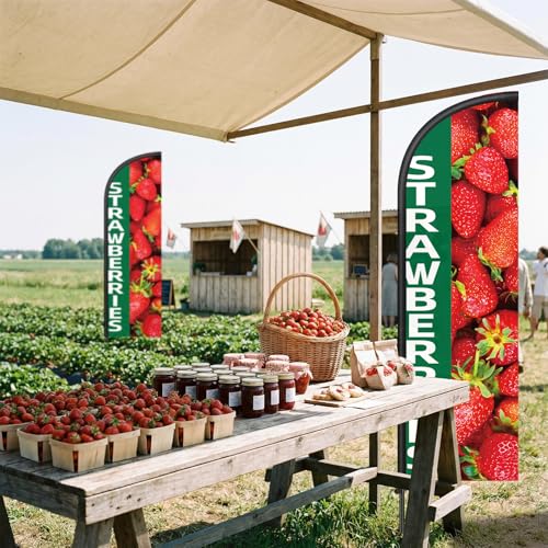 Image of Remagr 2 Pack Strawberries Feather Flag 7 ft Advertising Swooper Flag Sign Windless Strawberries Banner with Pole Kit and Ground Stake for Business Farm Fruit Stand Cart Decor