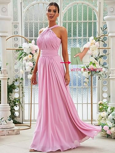 Rjer Chiffon Halter Bridesmaid Dresses Women's A Line Pleated Long Evening Formal Gowns3