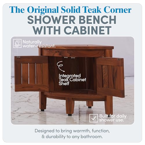 Image of AquaTeak Kai Corner 15.5 inch Teak Shower Bench with Cabinet