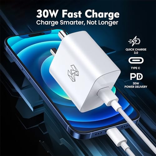 Image of MOOSH 30W Charger BIS Certified Type C Adapter for iPhone 15 /15 Plus /15 Pro /15 Pro Max,14 /14 Plus /14 Pro /14 Pro Max,13 /12 /11 Series with PD 3.0 USB-C Fast Charging Adaptor (White)