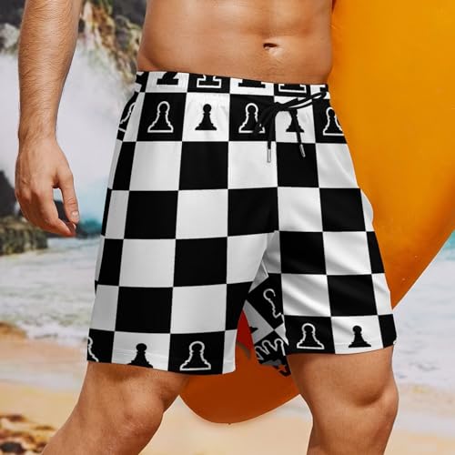 GeRRiT Chessboard and Chess Pieces Men's Swim Shorts,Pocket with Mesh Lining Stretch Board Shorts Quick Dry Shorts 7