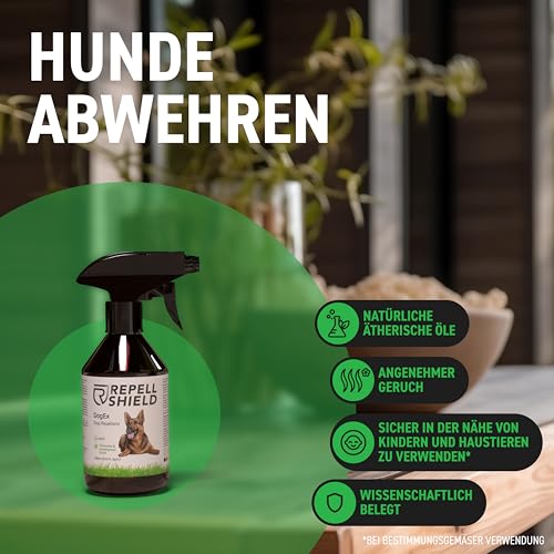 RepellShield® Hundeabwehrspray - 250ml - Nicht färbend - Hundeschreck gegen Urinieren - Geraniol Hunde Abwehrspray zum Hunde vertreiben - Hundeabwehrspray Innen- und Außenanwendung