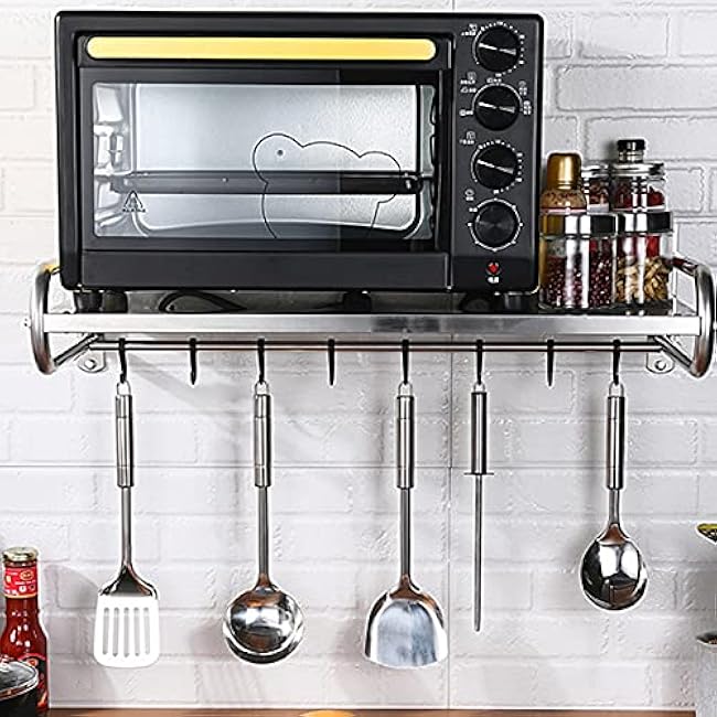 Wall-Mounted Microwave Shelf Microwave Oven Rack Kitchen Utensils Wall Shelf Metal Over Oven Shelf With 6 Hook Multifunctional Storage Bracket Sliver£¨20.87x14.96x7.09inch