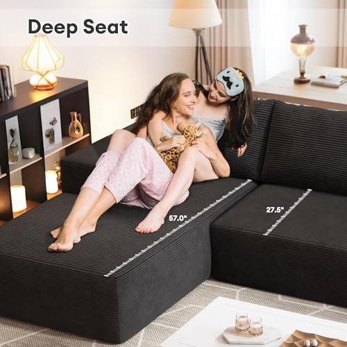 Image of HOOOWOOO Sectional L Shaped Couch,104 inch Assembly Free Modern Minimalist Sofa,Extra Deep Large Sofa Set,Corner Couch in A Box for Living Room(Right Chaise Black Corduroy Uphosted)