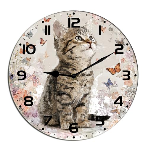 Horienteeon Orologio da parete a forma di gatto con gattino e farfalla, in legno, accurato, decorativo, silenzioso, senza ticchettio, per bagno, camera da letto, soggiorno, cucina, da appendere alla