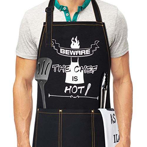 Kitchen Cooking Apron with Gift Box Funny Chef Aprons with 3 Pockets for Women and Men Adjustable Waterproof Bib Apron Gift Set for Grilling Baking Drawing