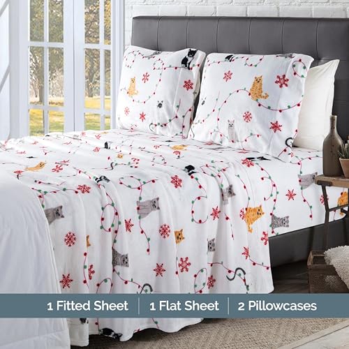 Elegant Comfort Luxuriously Soft 4-Piece Holiday Velvet Plush Flannel Sheet Set - Premium Quality - Cozy Warm, Christmas Fuzzy Velvet Flannel Fleece Deep Pocket Sheet Set - Cal King, Jingle Cats