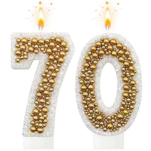 NHJINX 70 Birthday Number Candle for Cake Glitter Number Candle with Gold Beads Decorative Cake Topper for Milestone Celebrations