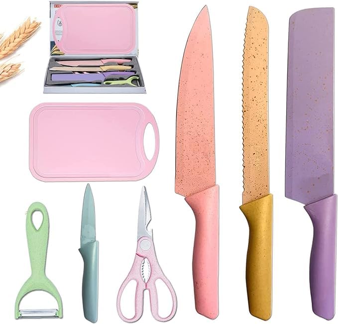 Clefairy Colorful Kitchen Knife Set 7 PCS, High Carbon Stainless Steel Japanese Knife Set with Non-Stick Coating, Gift Box, Chef Boxed Knives Set for Cooking, Camping, Travel and BBQ