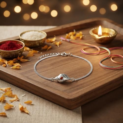 Image of Parnika 925 Pure 92.5 Sterling Silver Bro Floral Mor Pankh Flute Evil Eye Veera Shankh Rakhi Bracelet for Brother | Hallmarked Silver Raksha Bandhan Rakhi | Premium Adjustable Rakhi Gift