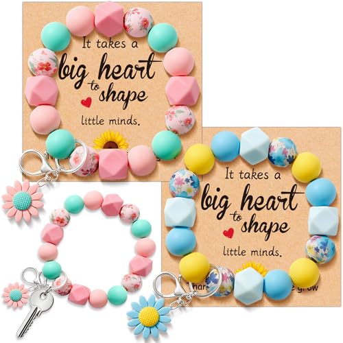 2PCS Teacher Appreciation Gifts in Bulk Teacher Gifts for Women Silicone Wristlet Beaded Keychain Bracelet with Gift Card Teacher Appreciation Week End of Year Graduation classroom from Student