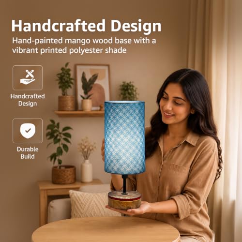 Image of Amazon Basics Bagru Indigo Table Lamp | Hand-Painted Mango Wood Base with Printed Polyester Shade | E14 Holder | Decorative Night Lamp for Bedroom, Living Room & Study Room | Home Decor Gift