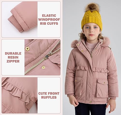 Image of SOLOCOTE Toddlers and Girls Winter Coat Water-Resistant Faux Fur Hood Sherpa Lining Elastic Cuffs with Pockets for Kids