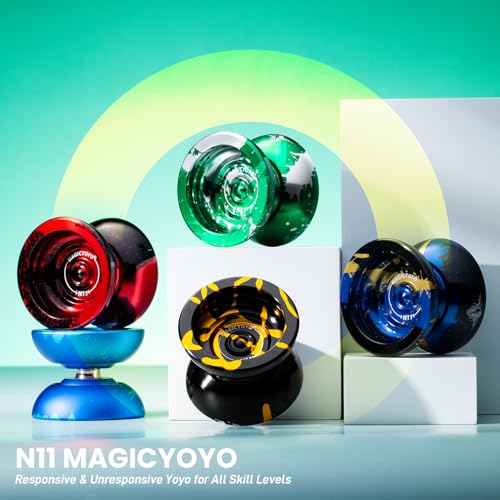 Image of MAGICYOYO N11 Professional Unresponsive Yoyo for Adults & Kids | Dual Purpose Alloy Trick YoYo Ball with Bag, Glove, 12 Yoyo Strings and Responsive Bearing Kit (Dark & Light Green Silver)