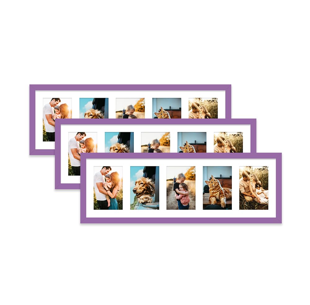 Purple Multi Photo Frame - Holds 5 x 6x4 Pictures, Family Collage Picture Frame for Wall Display, 8x26 Panoramic Frame Size, Set of 3