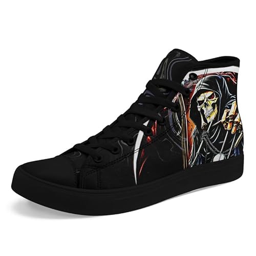 Image of AWSOLE Womens/Mens Fashion High Top Canvas Shoes Lace Up Skull Black Canvas Sneaker Non Slip Casual Comfortable Walking Tennis Shoes