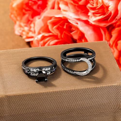 Jeulia Black Wedding Ring Set for Women 2pcs Triple Moon Godness Band Ring Set Purple Crystal Cresent Wedding Engagement Promise Jewelry3