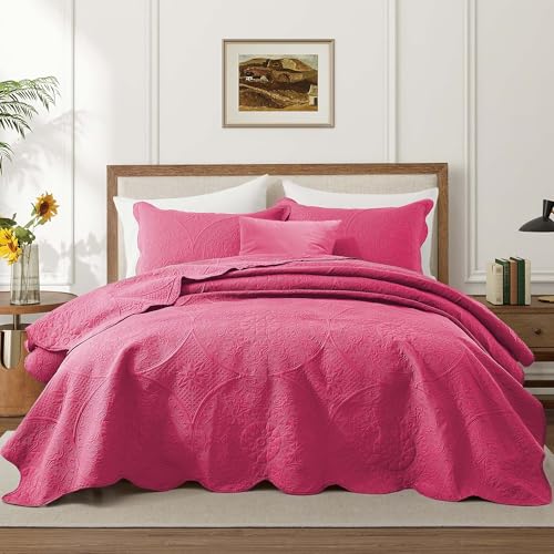 IR Imperial Rooms Queen Quilt Bedding Set Size (90" x 96") + 2 Pillow Shams (20" x 26"+ 2") - 3 Pcs All Season Lightweight Reversible Microfiber Coverlet Floral Embossed Quilt Bedspread (Pink)