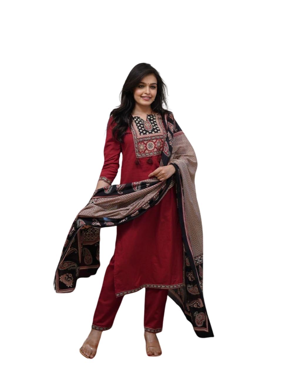 gps fashion Women’s Rayon Slub Kurti Set with Dupatta Embroidered Straight Kurta with Pants & Mul Dupatta Ethnic Wear Stitched Suit (IN, Alpha, M, MAroon)-picture-25