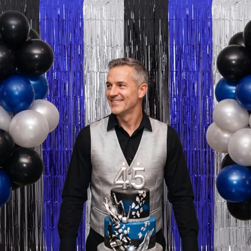Image of TONIFUL 2Pcs Black Blue Silver Metallic Tinsel Foil Fringe Curtain Streamer | 3.3ftx6.6ft Photo Booth Backdrop Door Streamer for Boys' Men's Birthdays Baby Shower Graduation Photo Booth Party Decorations