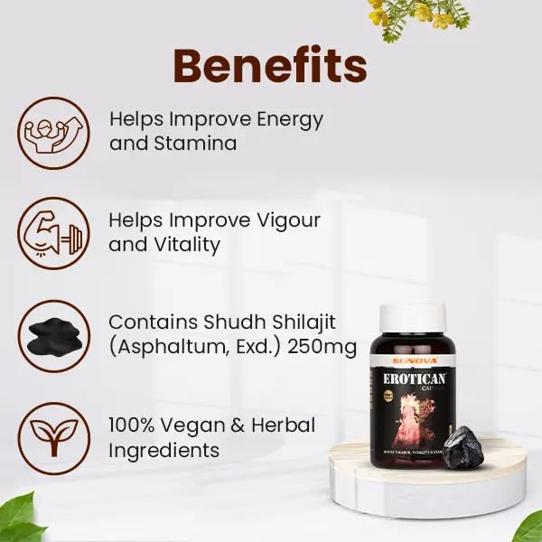 Image of SUNOVA EROTICAN Caspules - Shudh Shilajit, Aswagandha, Gokshura,Bala and Kaunch for Strength, Performance & Muscle building - 600 MG - Pack of 1
