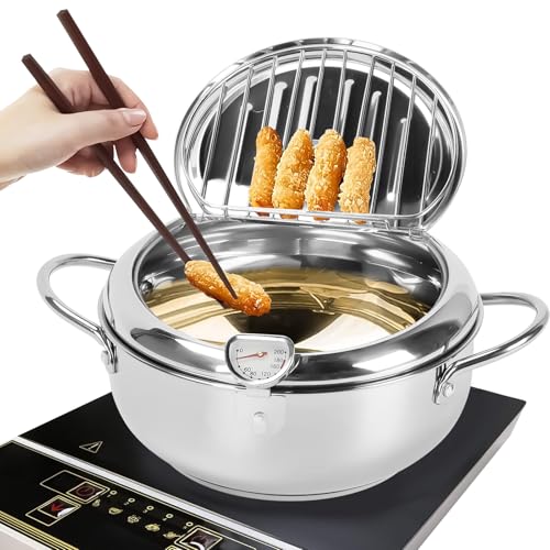 Deep Fryer Pot,Japanese Tempura Deep Fryer Stainless Steel Frying Pot with Thermometer Lid And Oil Drip Drainer Rack for Kitchen French Fries Chicken (20cm)