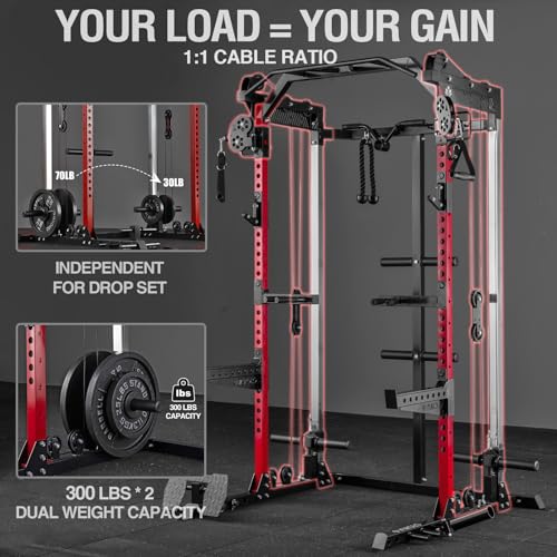 Image of Mikolo Power Cage, 2000LB Power Rack with Independent Dual Pulley System, Multi-Function Home Gym Workout Machine for Cable Crossover and Squat