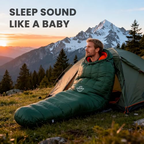 Saco de dormir momia OMVMO de plumas con 600 Fill Power, caja térmica para pies, portátil para camping todo el año miniatura 5