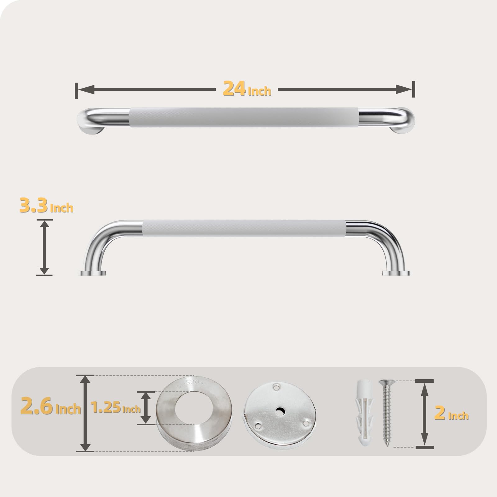 Barra de agarre de ducha de 24 pulgadas, mango de barra de agarre de baño con agarre moleteado antideslizante, barra de equilibrio de baño de acero inoxidable, soporte de barra de seguridad de baño