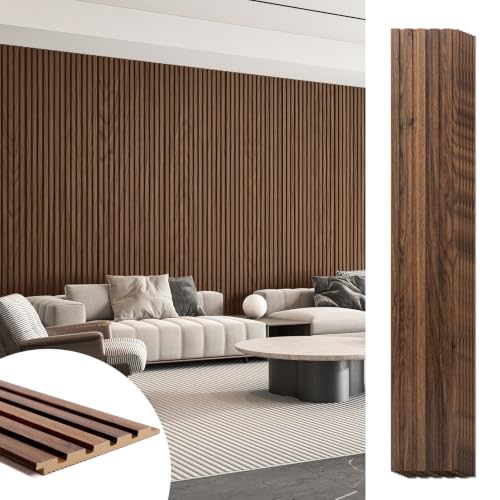 Image of Art3d Wood Slat Wall Panels, Fluted MDF, 6-Pack, 94.6 x 7.4 in,Walnut