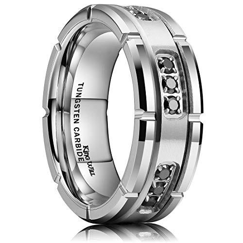 King Will 8mm Mens Tungsten Carbide Wedding Ring Black Cubic Zirconia Inlay Polished Finish 10